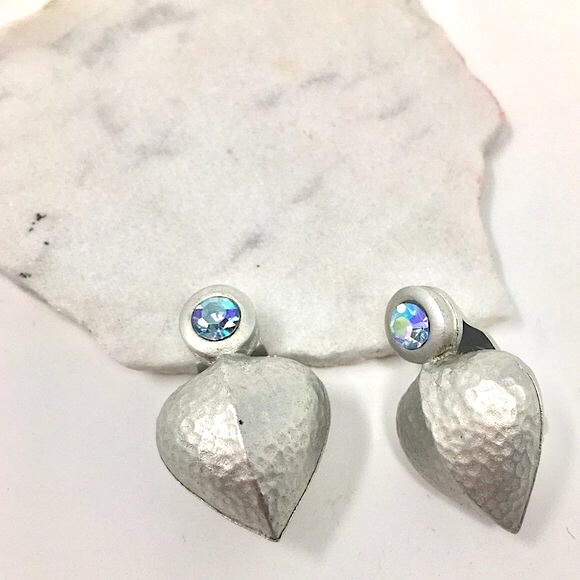 Hammered Silver Tone Steel Heart and Iridescent Rhinestone Clip On Earrings - Picture 2 of 14